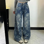 Kawaii Cartoon Print High Waist Wide Leg Jeans