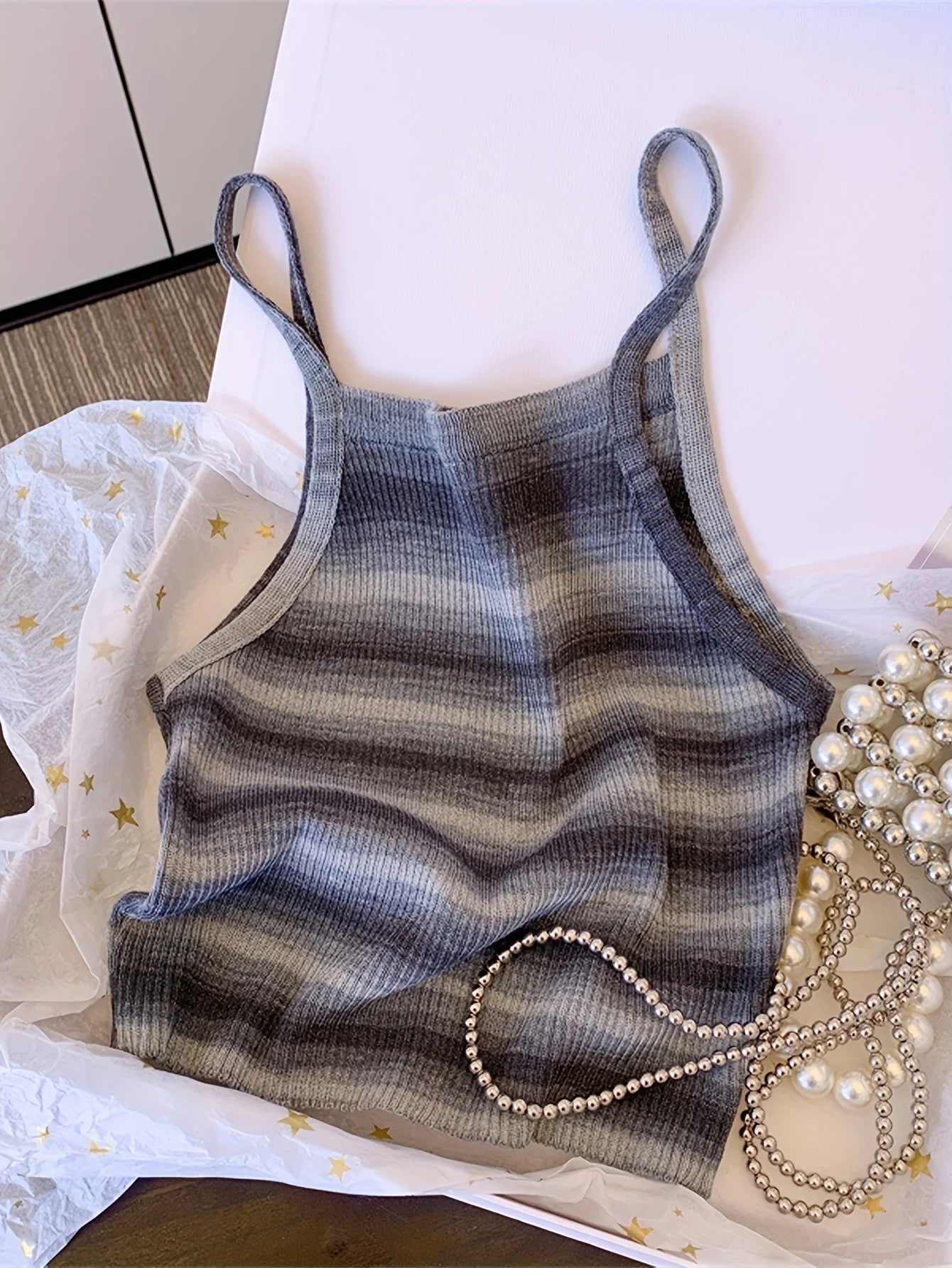 Striped Ribbed Knit Cami Top With Square Neck Sleeveless Rainbow Crop