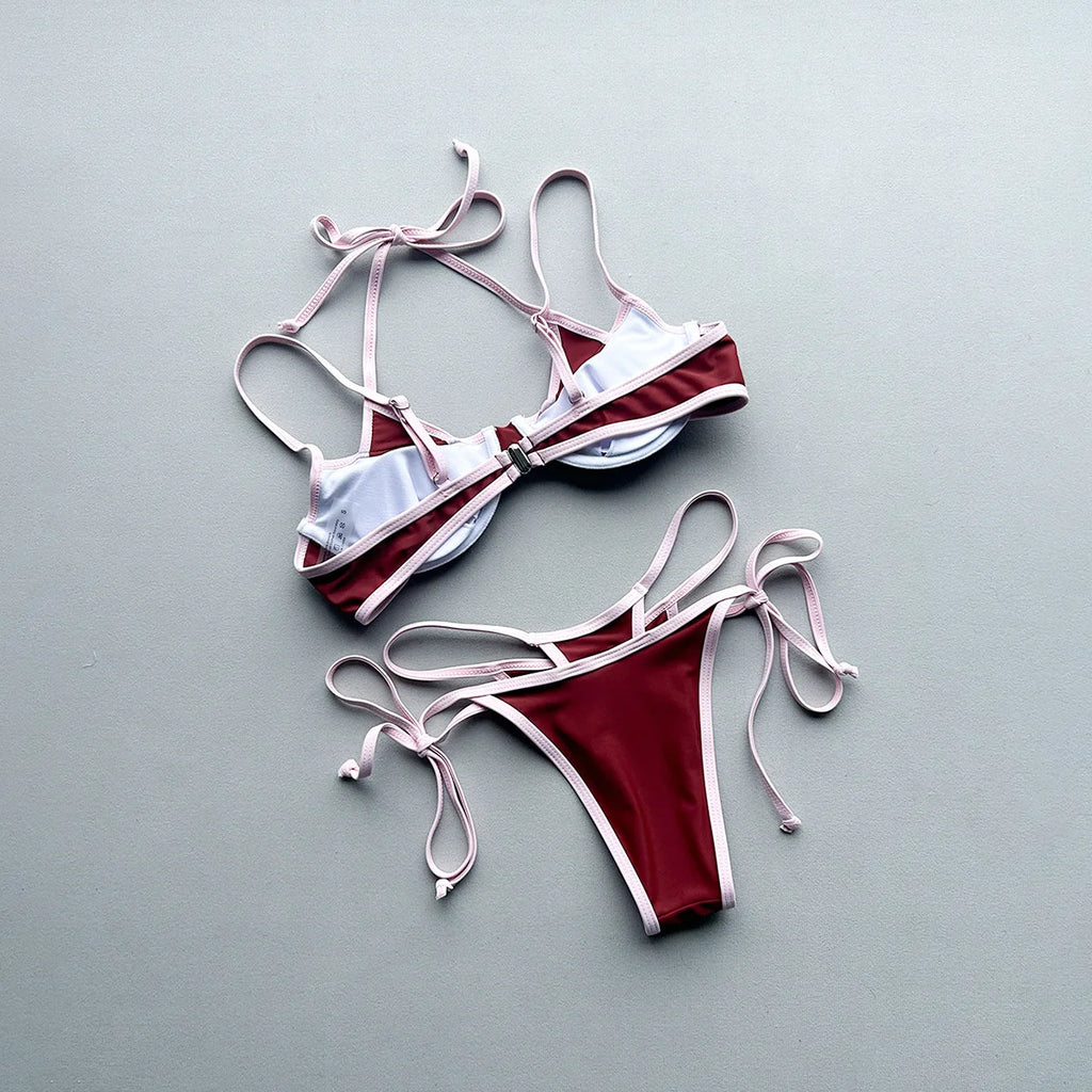 Patchwork Push Up Micro Bikinis Set Ttwo Piece Halter Tie Thong