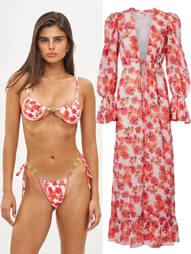 Long Dress Bikini Cover Up Print Mesh Swimwear Sexy Floral Bikinis covers Thongs Swimsuit Biquini Beachwear