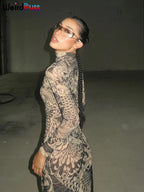 Mesh Print Maxi Bodycon Dress With Turtleneck And Long Sleeves