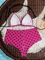 Hot Pink Polka Dot Bikini Set With Halter Top Push Up Detail High Waist Bottom Swimwear