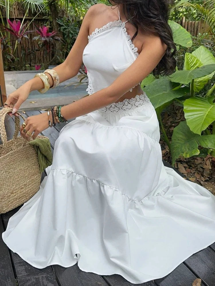 Boho Two Piece Lace Trim Cami Top And Tiered Maxi Skirt Set