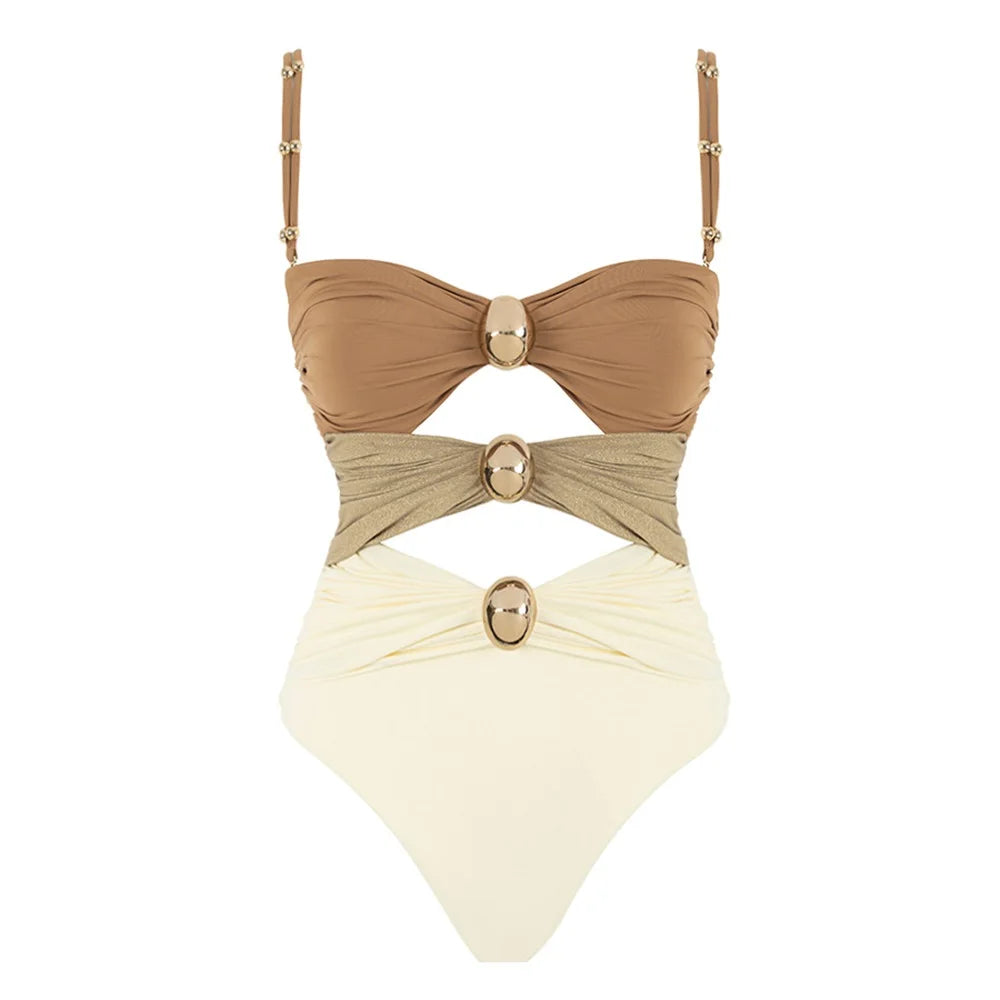 Off Shoulder Patchwork Belted One Piece Swimsuit With Cover Up for Beachside