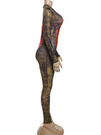 Tie Dye Jumpsuit With O Neck Zip Front Slim Streetwear Overalls