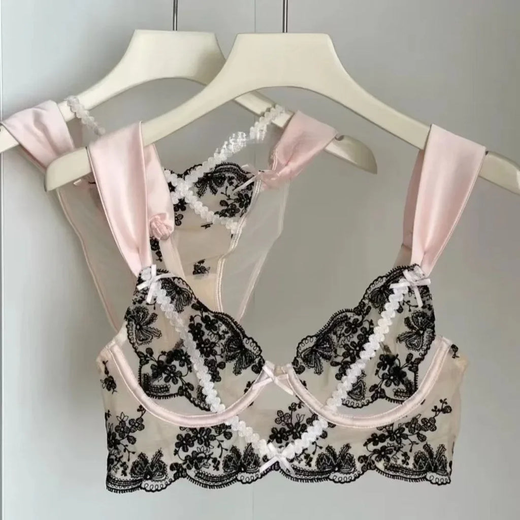 Sexy Lace Push Up Bra And Panty Set Featuring Semi Sheer Floral Design With Ring Embellishment