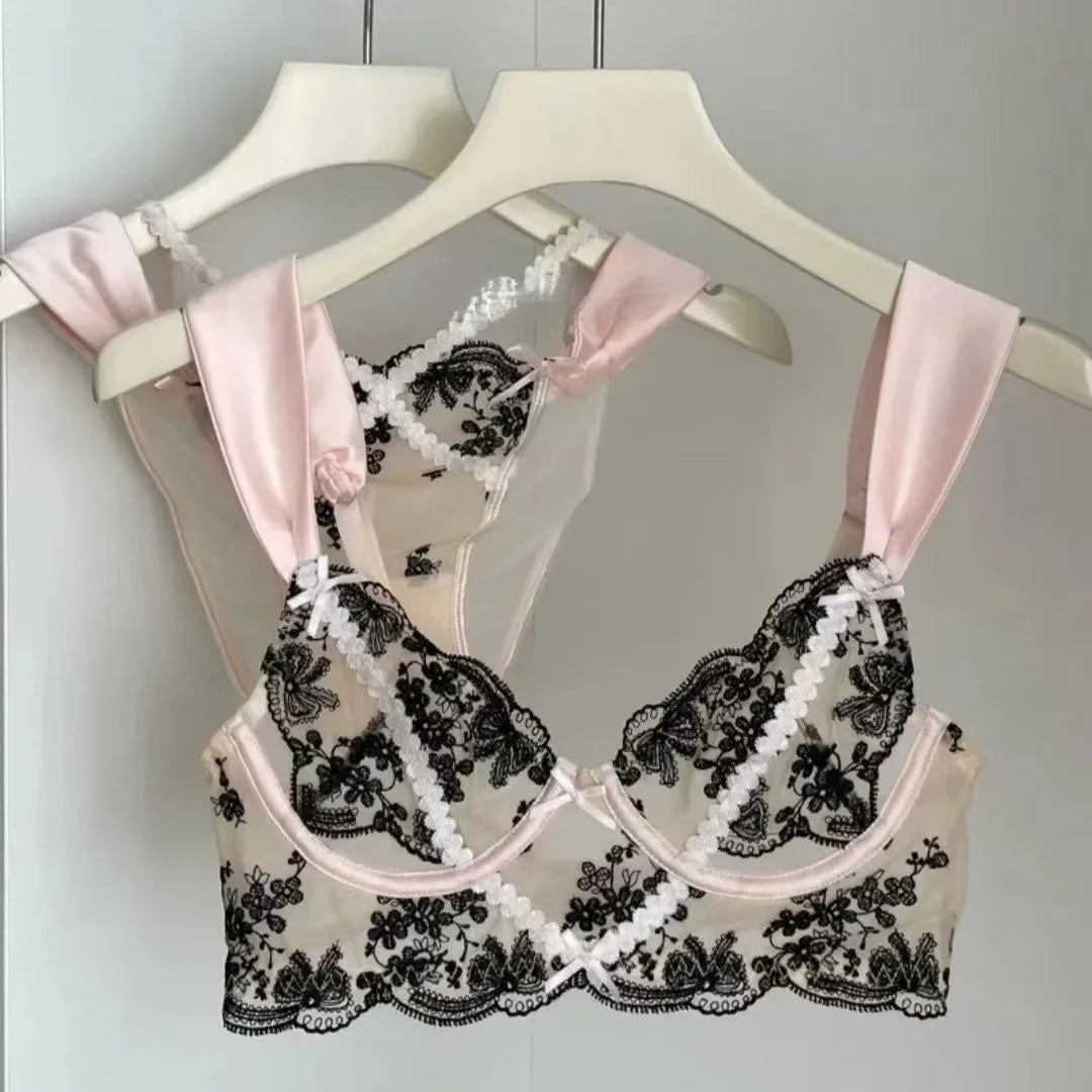 Sexy Lace Push Up Bra And Panty Set Featuring Semi Sheer Floral Design With Ring Embellishment