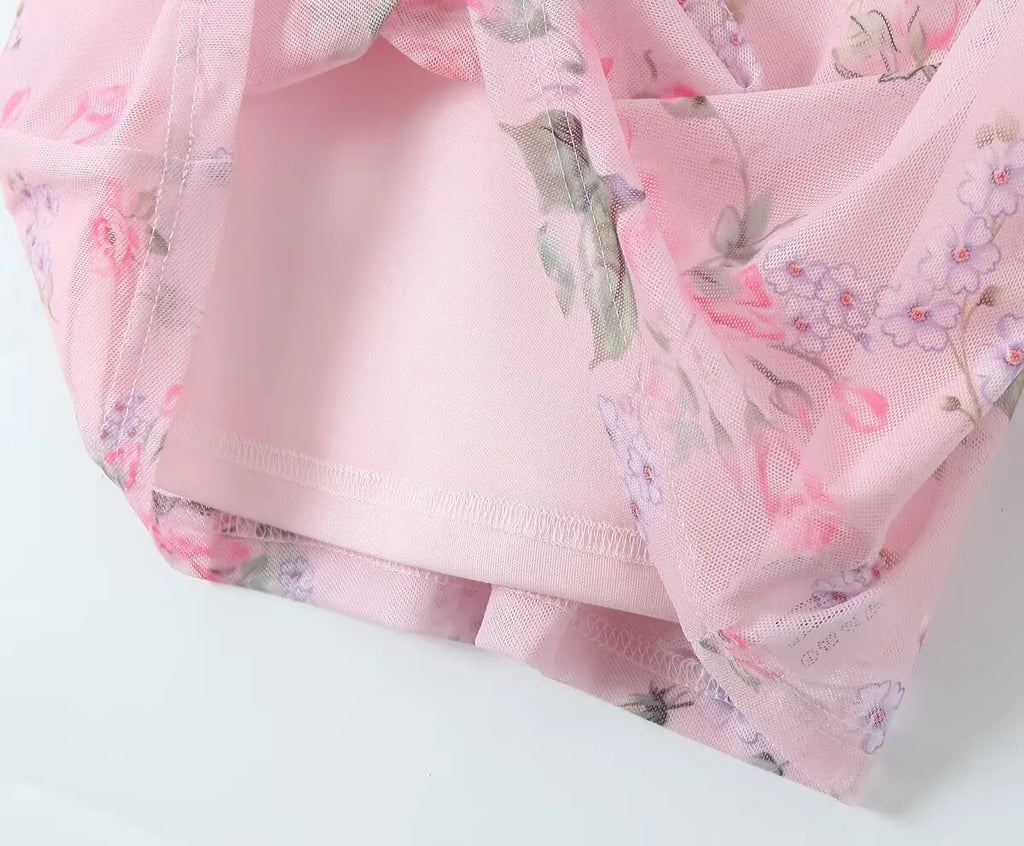 Vintage Pink Floral Print Mini Sexy Women's Dress