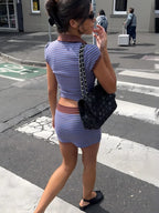 Stripe Patchwork Two Piece Set With V Neck Crop Top And Drawstring Mini Skirt