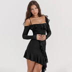 French Vintage Flounce Strap Dress with Irregular Bottom Hem Ribbon