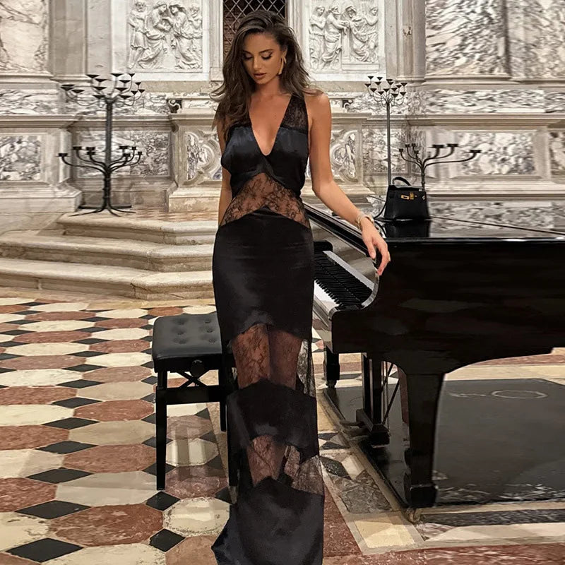 Lace See Through Sling Maxi Dress Evening