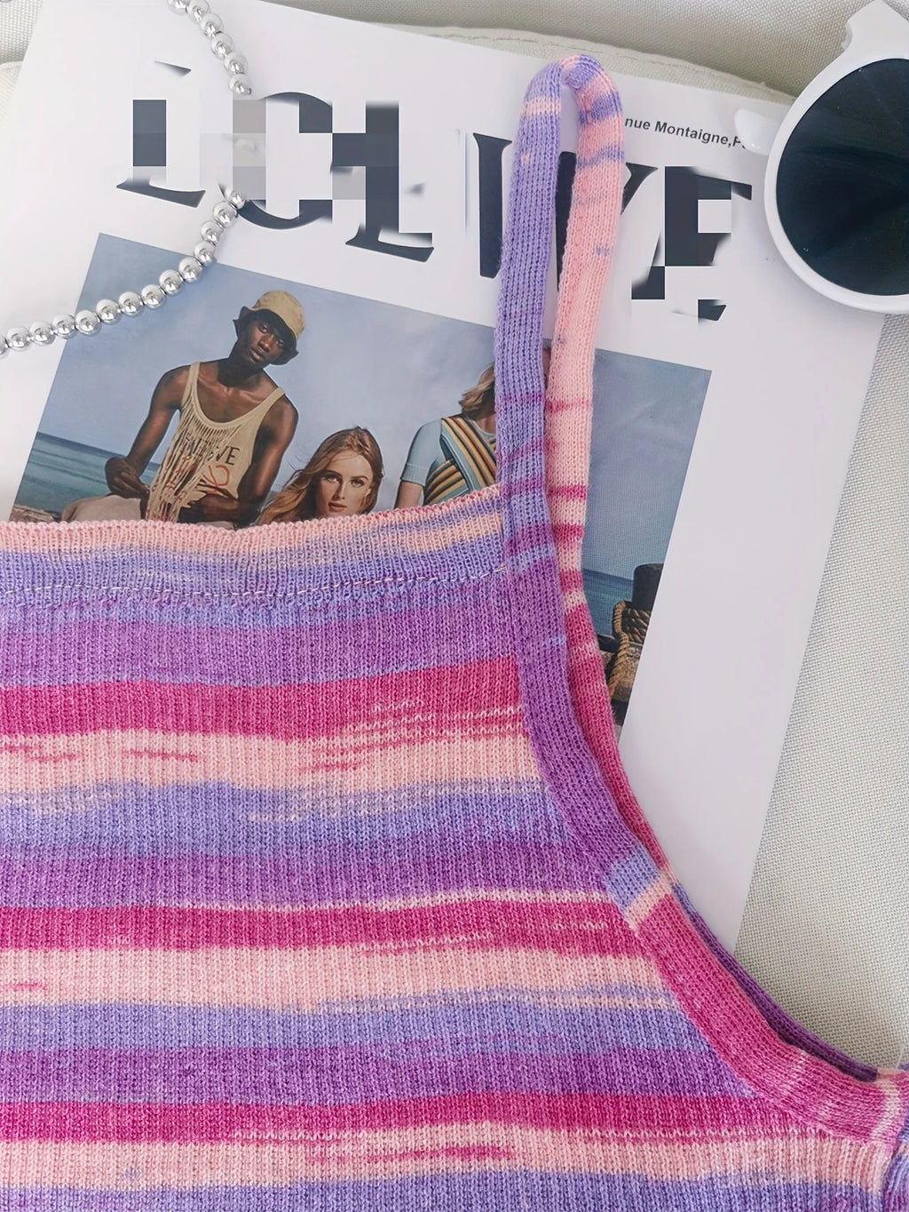 Striped Ribbed Knit Cami Top With Square Neck Sleeveless Rainbow Crop