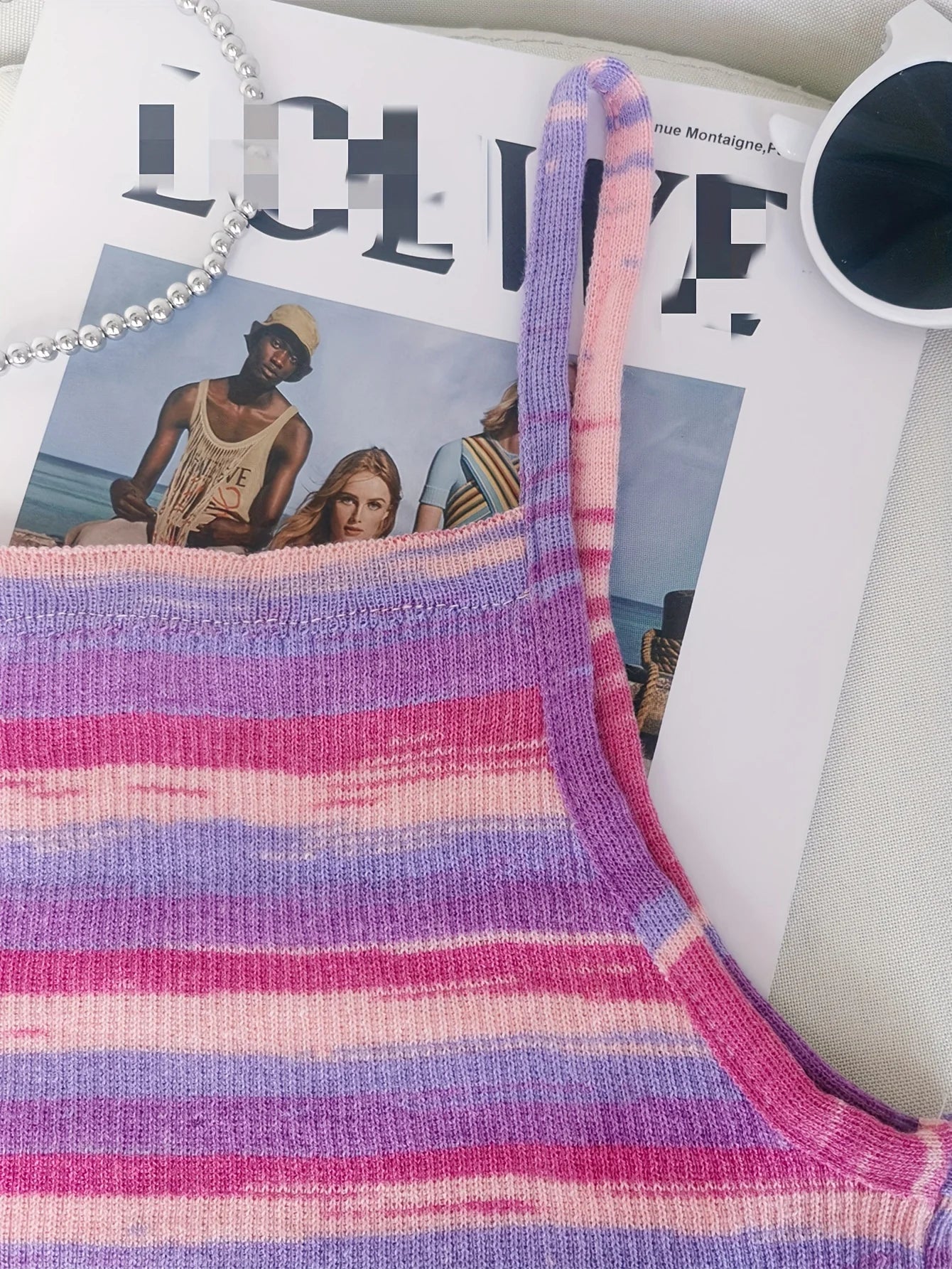 Striped Ribbed Knit Cami Top With Square Neck Sleeveless Rainbow Crop