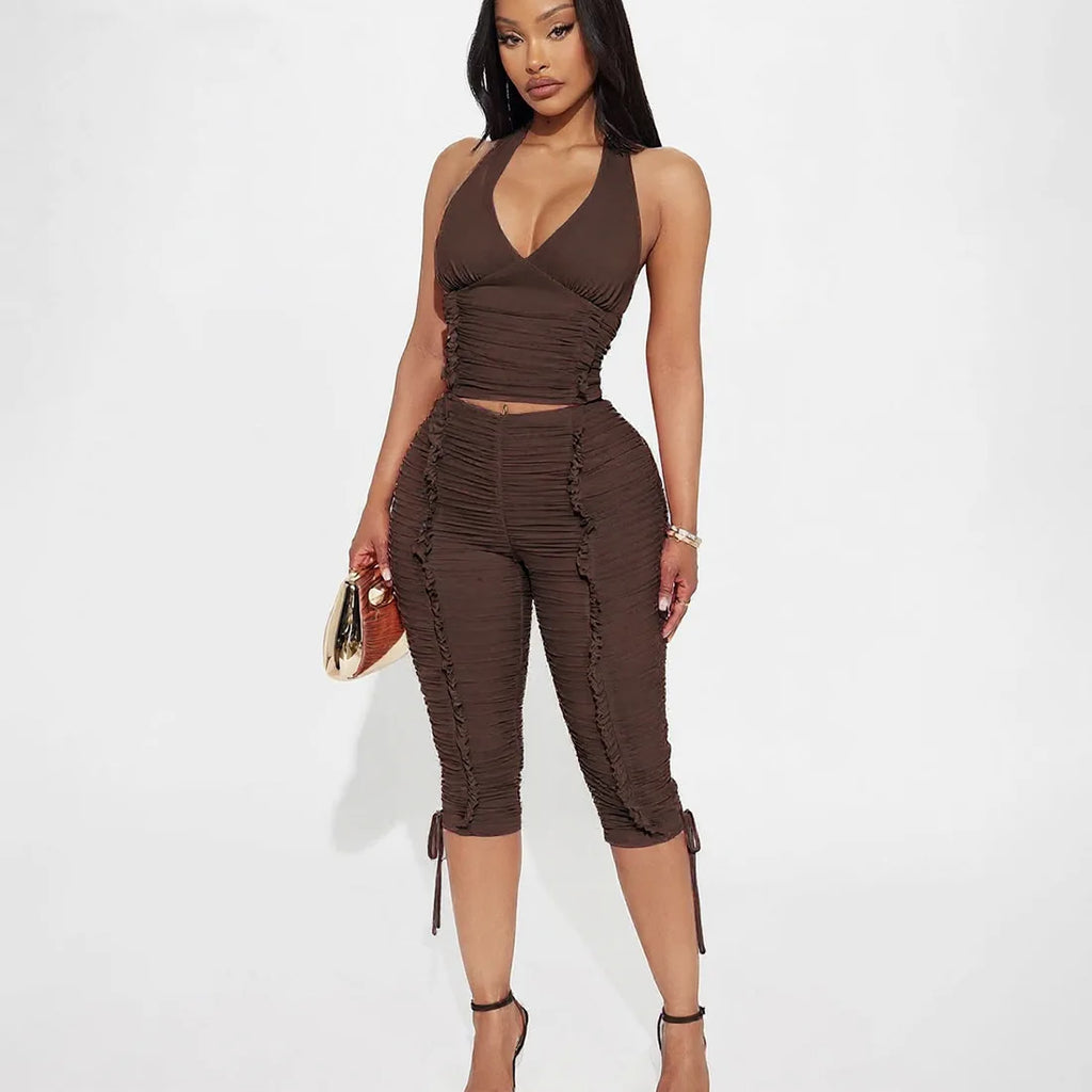 V Neck Halter Crop Top Two Piece Set With Sleek Fitted Pants