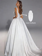 Elegant Satin A-Line Wedding Dress With Square Neck Sleeveless Bodice Built-In Bra Lace-Up Back