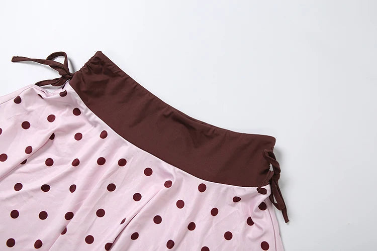 Pink Brown Two Piece Set With Polka Dot Cami And Ruched Mini Skirt
