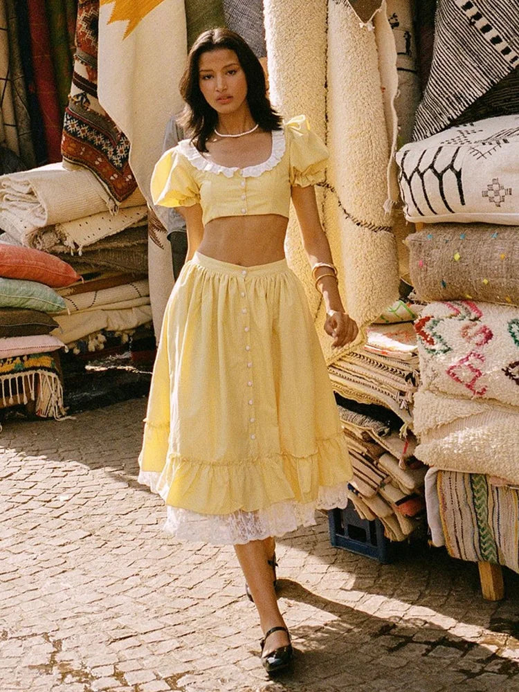 Yellow Gingham Lace Top And Skirt Set Vintage