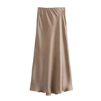 Satin High Waist Midi Skirt With Flair