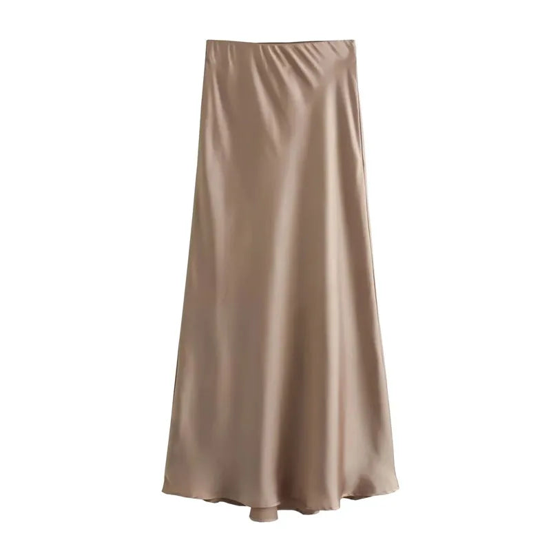 Satin High Waist Midi Skirt With Flair