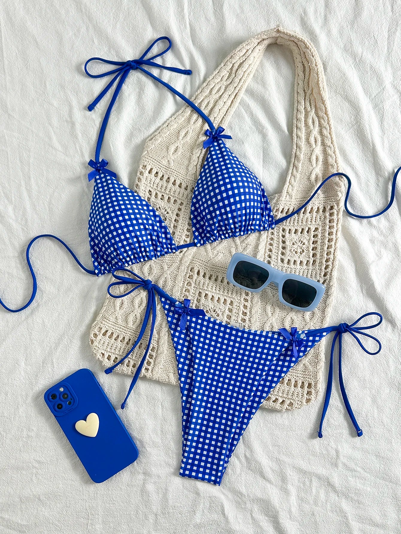 Picnic Plaid Bikini Set in Blue and White Bowknot Halter Top with Tie Up Triangle Bottoms
