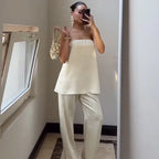 Elegant Satin Two Piece Set With Off Shoulder Top And High Waist Trousers