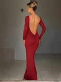 Elegant Backless Long Sleeve Maxi Dress With Bodycon Fit