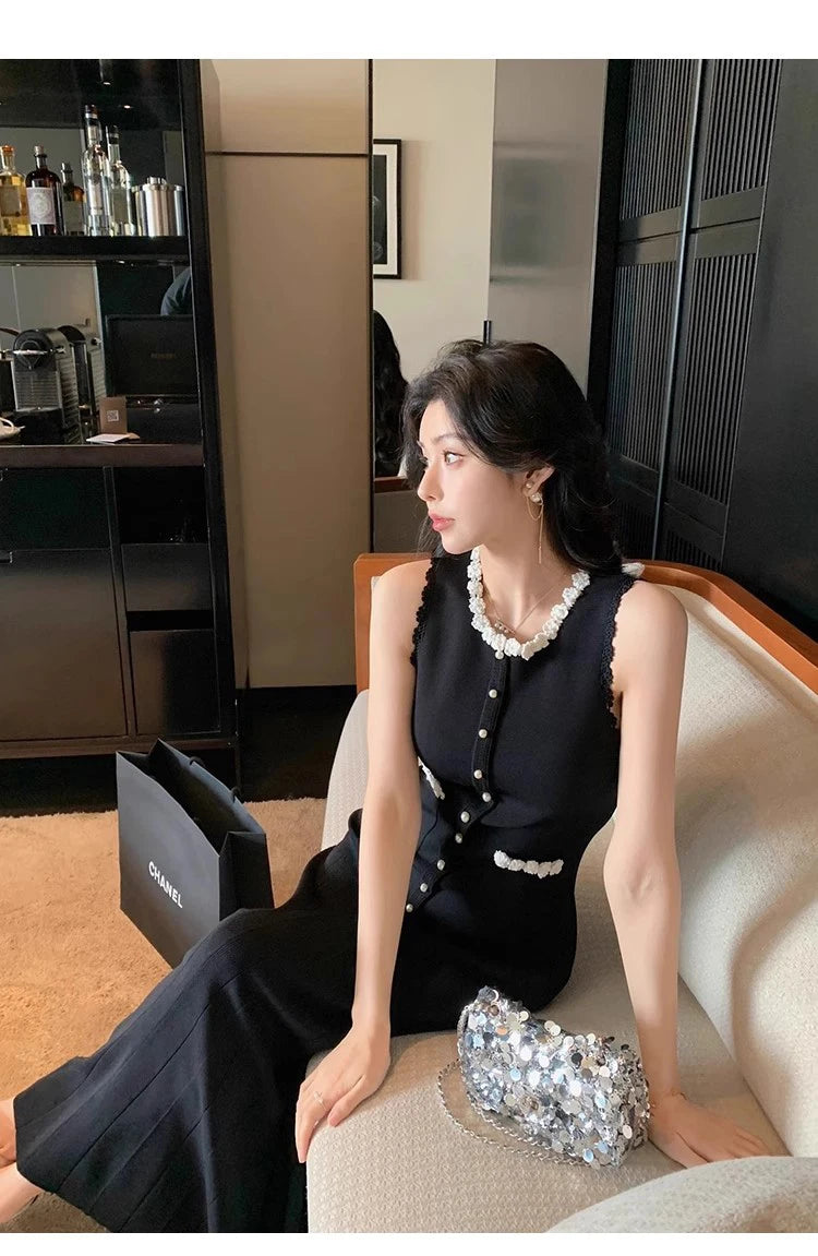Floral Pearl Knit Maxi Dress Sleeveless O-Neck With Pleated Details