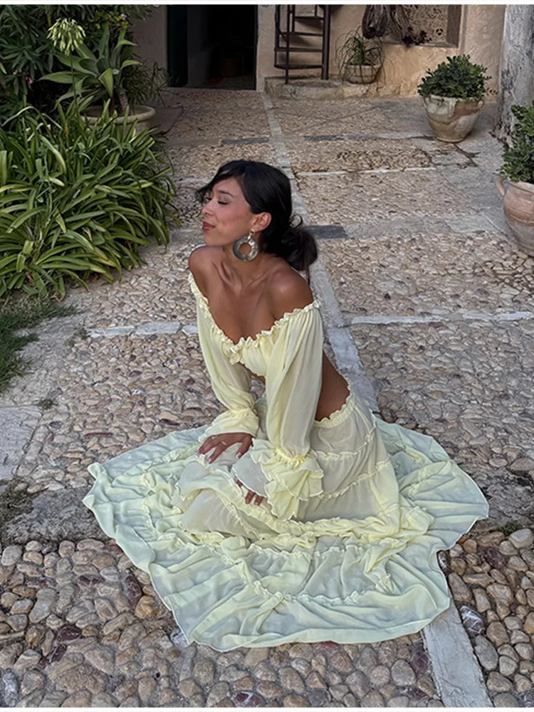 Women Fashion Yellow Off Shoulder Ruffled Two Piece Set Long Sleeve Crop Top Tiered Maxi Skirt