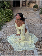 Women Fashion Yellow Off Shoulder Ruffled Two Piece Set Long Sleeve Crop Top Tiered Maxi Skirt