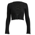 Cross Tie Strap Hollow Out Midriff Top With Long Sleeves