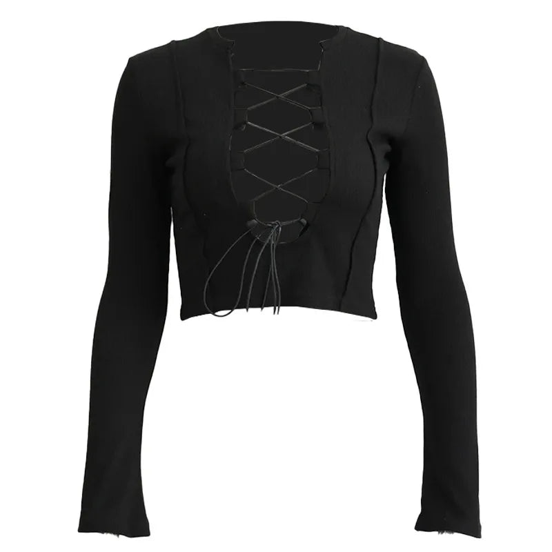 Cross Tie Strap Hollow Out Midriff Top With Long Sleeves