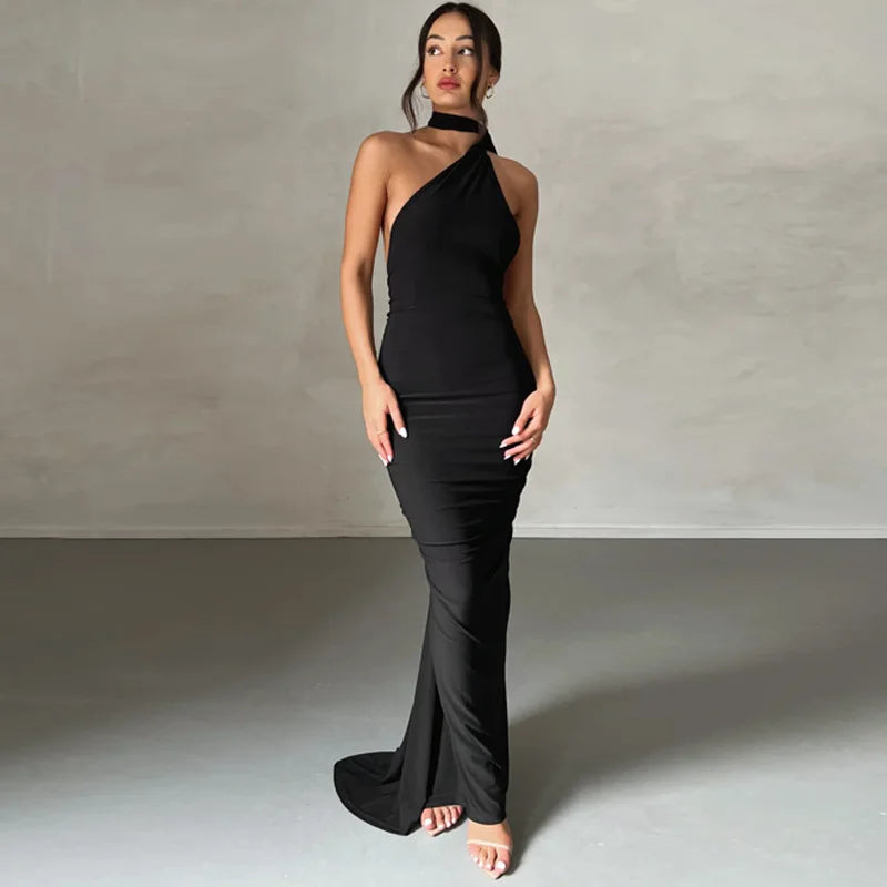 One Shoulder Backless Ruched Slim Long Dress