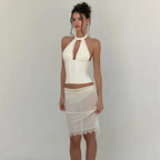 Halter Neck Crop Top With Lace Up Details And Backless Design