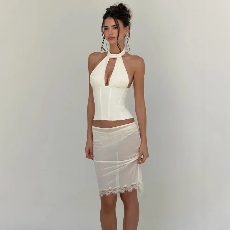 Halter Neck Crop Top With Lace Up Details And Backless Design