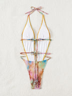 Green Snakeskin Gradient One Piece Swimsuit With Hollow Out Backless Silhouette For Beach And Pool