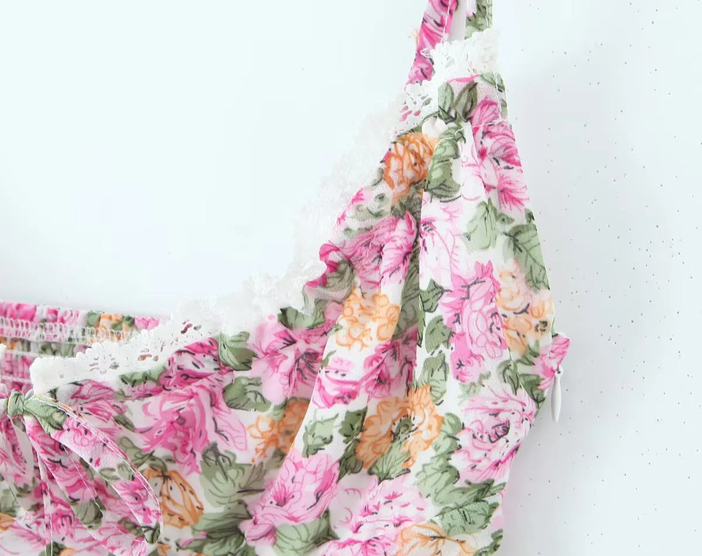 Floral Print Sexy Sling Mini Women Lace Spliced O Neck A-line Dress