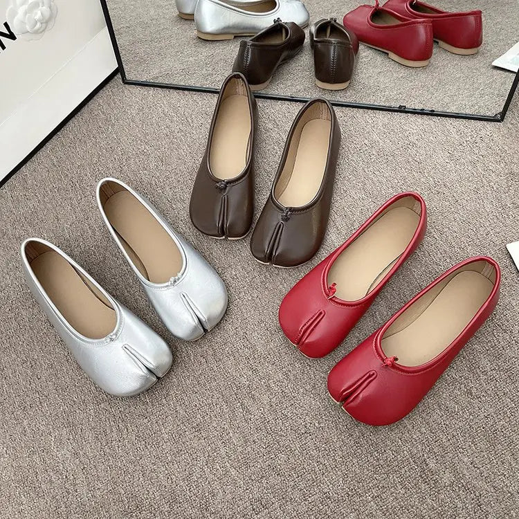 Tabi Style Leather Flats For Women Cozy Split Toe Slip On Shoes