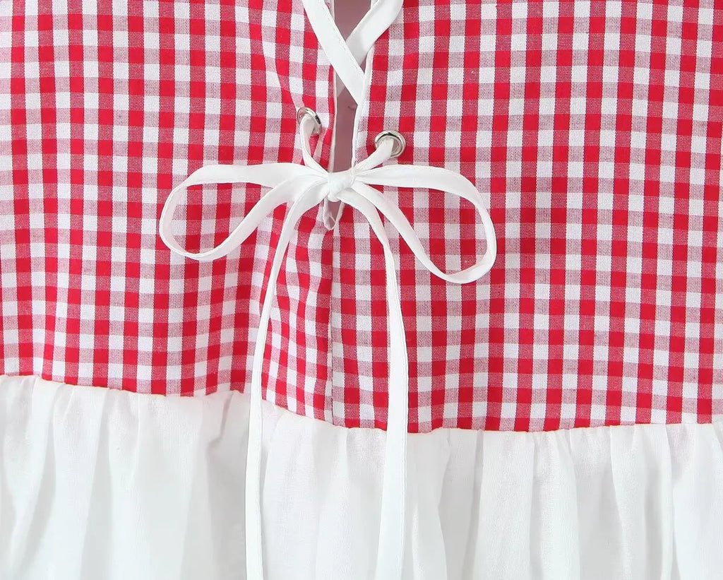Sexy Women Plaid Spliced Sling Mini Summer Dress Lacing Up Bandage Back A-line Cotton Dress