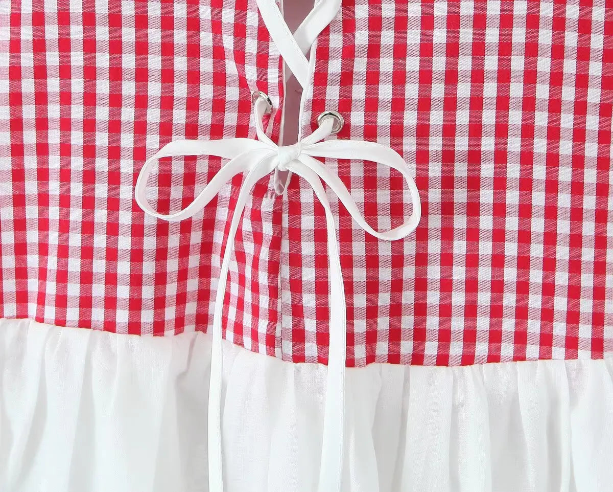 Sexy Women Plaid Spliced Sling Mini Summer Dress Lacing Up Bandage Back A-line Cotton Dress