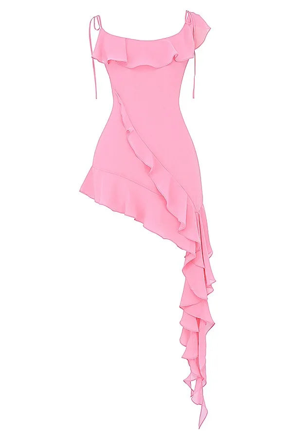 French Vintage Flounce Strap Dress with Irregular Bottom Hem Ribbon