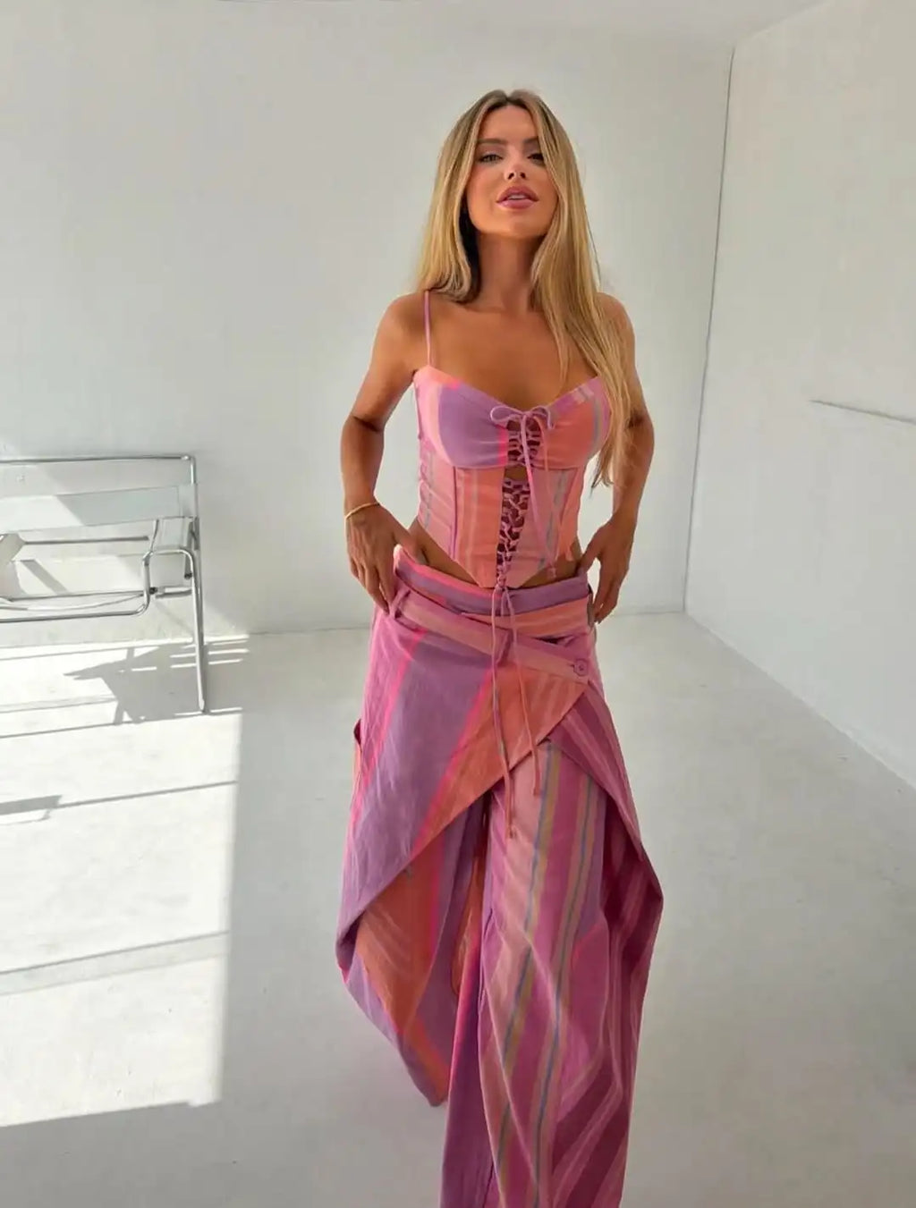 Chic Strips Pants Women Set Patchwork Slash Neck Bandage Top Pleated Asymmetry Trousers