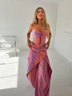 Chic Strips Pants Women Set Patchwork Slash Neck Bandage Top Pleated Asymmetry Trousers