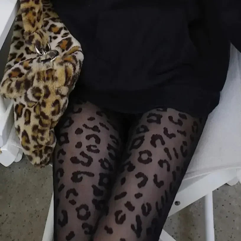 Leopard Pattern Sheer Pantyhose In Gothic Black Silky Finish Vintage Look Stockings