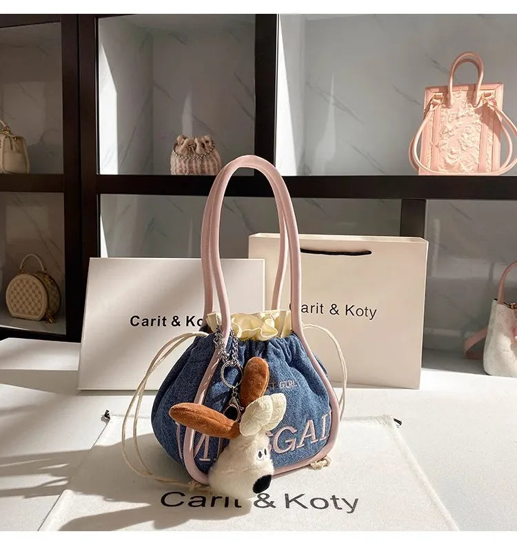 Cute Denim Embroidered Hobo Bag With Textured Finish