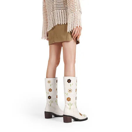 Floral Embroidered Block Heel Boots