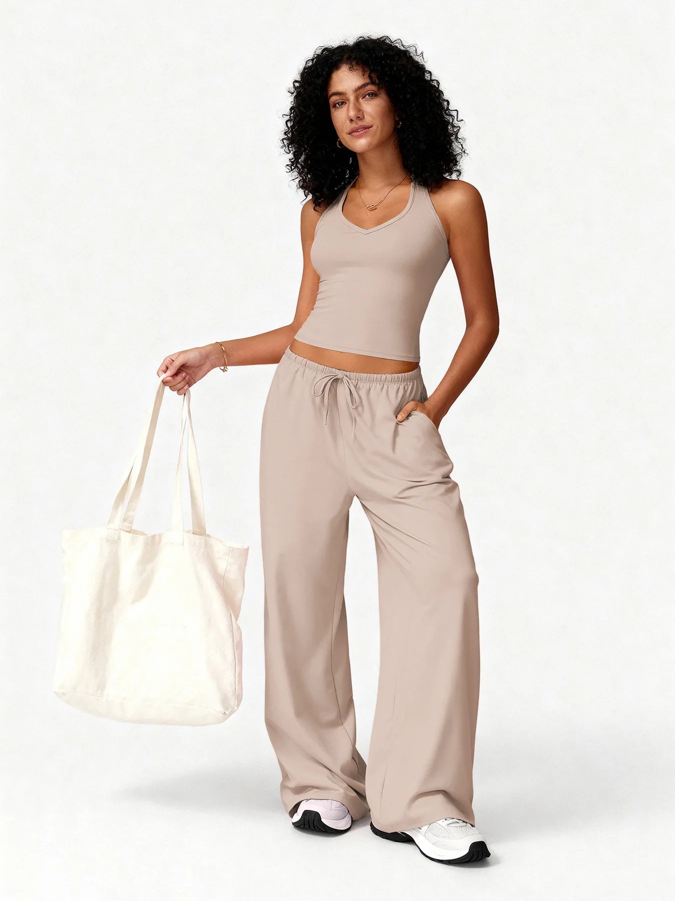 Two Piece Set With Sleek V Neck Tank Backless Detail And Wide Leg Pants