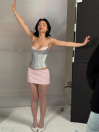 Sweet 2-Piece Set Women Patchwork Bow Decoration Low-Neck Camisole+Jacquard Mini Skirt