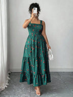 Sweet Cherry Print Gingham Tiered Maxi Dress