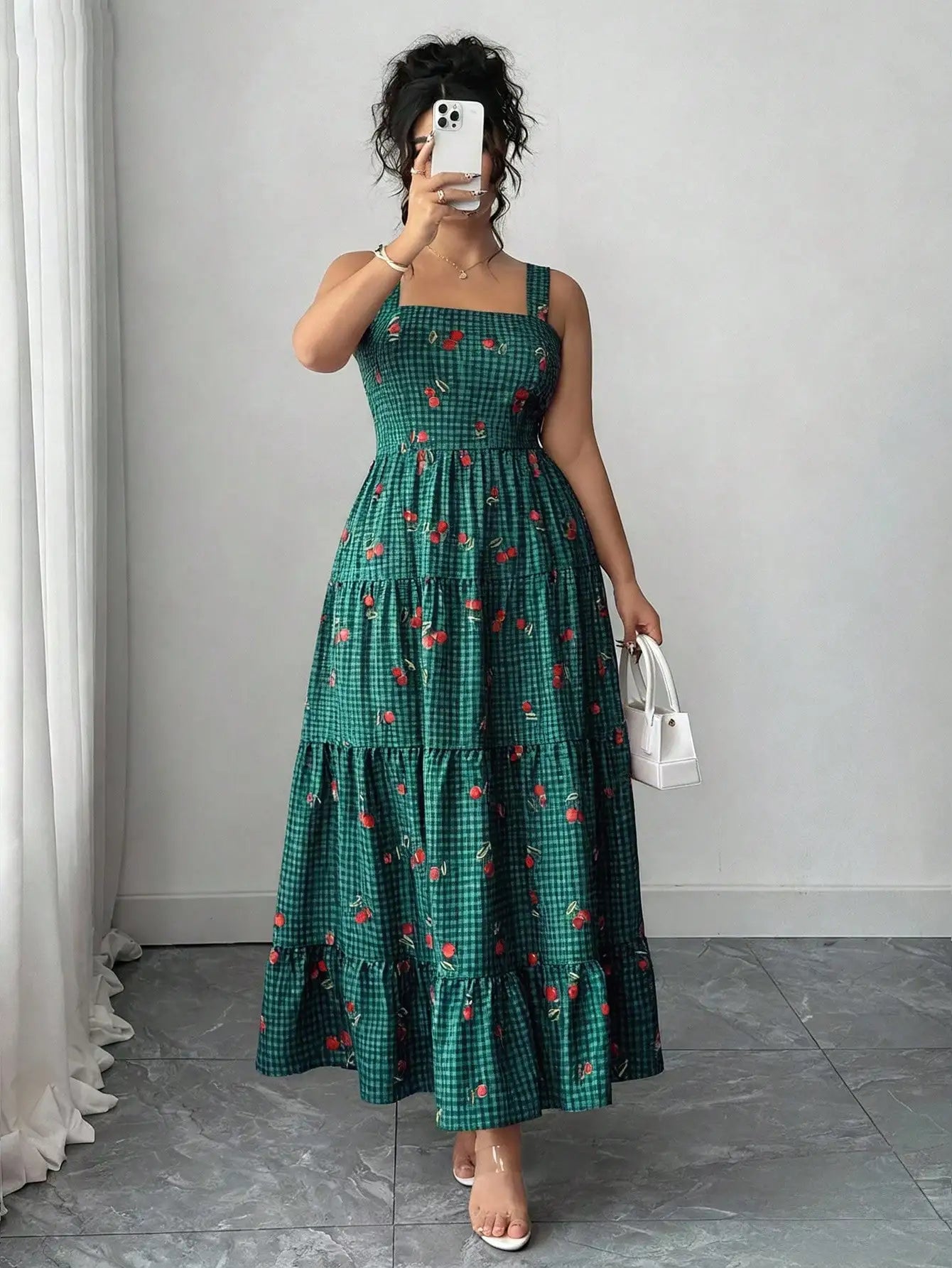 Sweet Cherry Print Gingham Tiered Maxi Dress