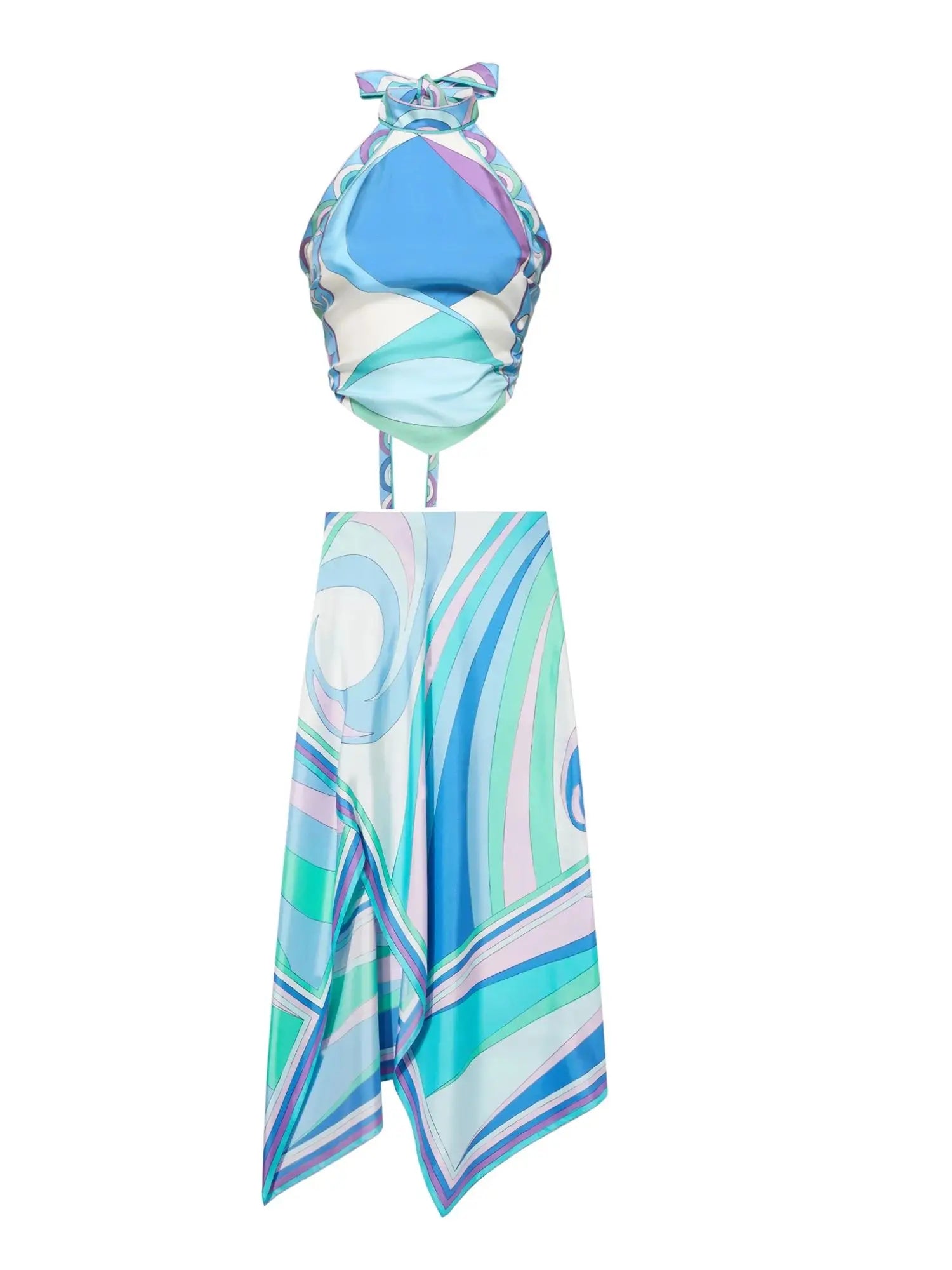 Print Two Piece Beach Set With Sexy Halter Top And High Waist A Line Skirt